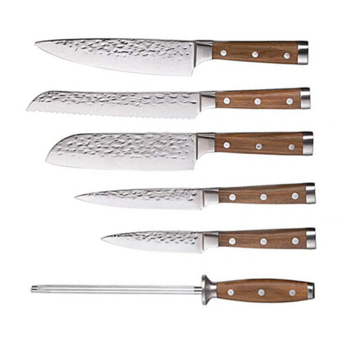 SXL-5 Japanese 67 Layer High Grade VG-10 Super Damascus Steel Knives, Sharp, Teak Handle Professional Hammered Kitchen Knife Set 6Pcs Set (Silver Blade)