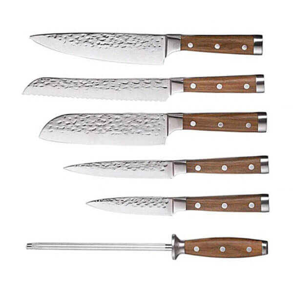 SXL-5 Japanese 67 Layer High Grade VG-10 Super Damascus Steel Knives, Sharp, Teak Handle Professional Hammered Kitchen Knife Set 6Pcs Set (Silver Blade)