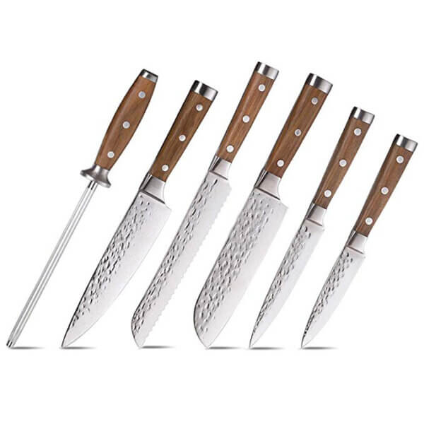 SXL-5 Japanese 67 Layer High Grade VG-10 Super Damascus Steel Knives, Sharp, Teak Handle Professional Hammered Kitchen Knife Set 6Pcs Set (Silver Blade)