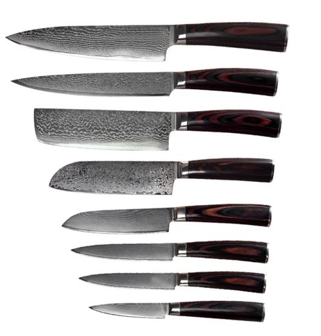 SXL-2 Professional 8 Piece Cooking Kitchen Chef Knife Set Coffee Color Pakkawood Handles