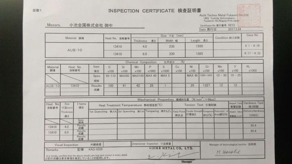 AUS 10 damascus raw material report