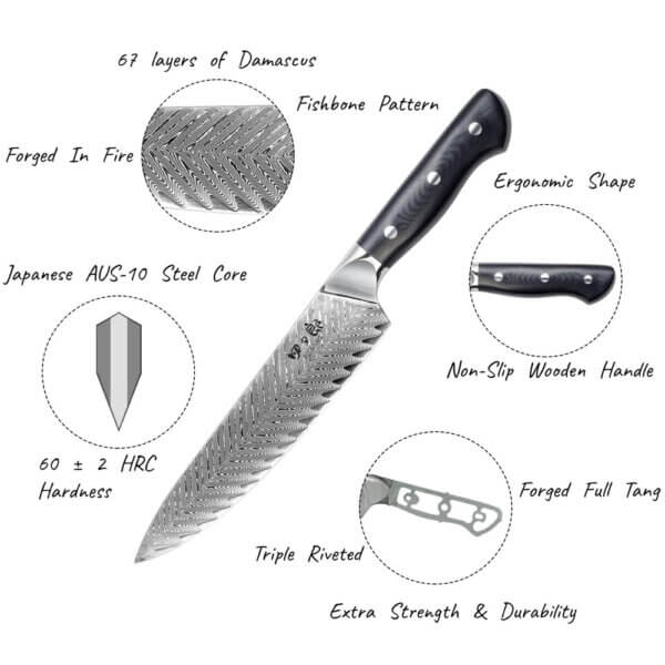 SXL -10 Damascus Knife Set, 3 Pieces Kitchen knives 67 Layer Handmade Japanese AUS10 Steel Core Forged Chef Knife, Utility Knife, High-end Professional Kitchen Knives