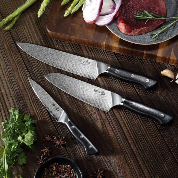 SXL -10 Damascus Knife Set, 3 Pieces Kitchen knives 67 Layer Handmade Japanese AUS10 Steel Core Forged Chef Knife, Utility Knife, High-end Professional Kitchen Knives