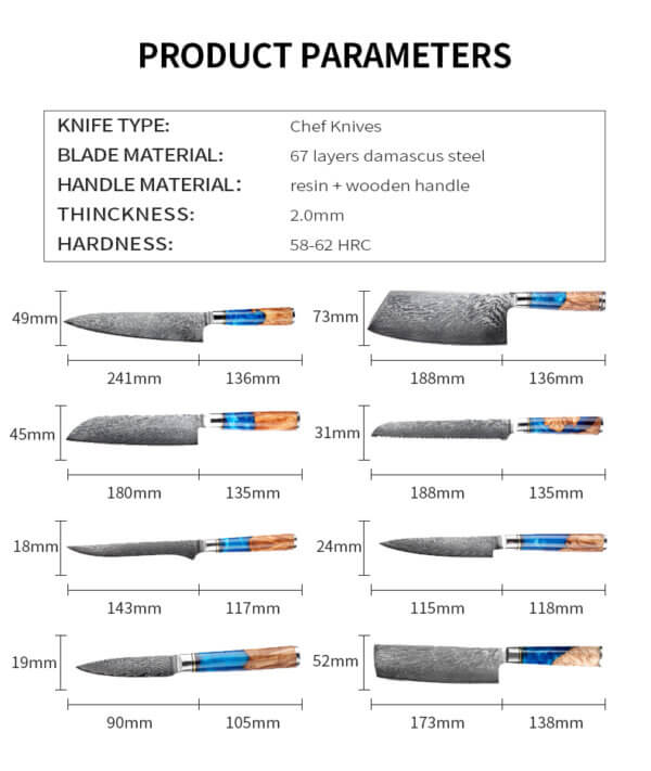 SXL-11, Damascus Knife Japanese VG10 Core Steel with 67-Layers High Carbon Professional Sharp Ergonomic Beautiful Blue Resin Handle Gift Boxed