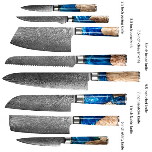 SXL-11, Damascus Knife Japanese VG10 Core Steel with 67-Layers High Carbon Professional Sharp Ergonomic Beautiful Blue Resin Handle Gift Boxed
