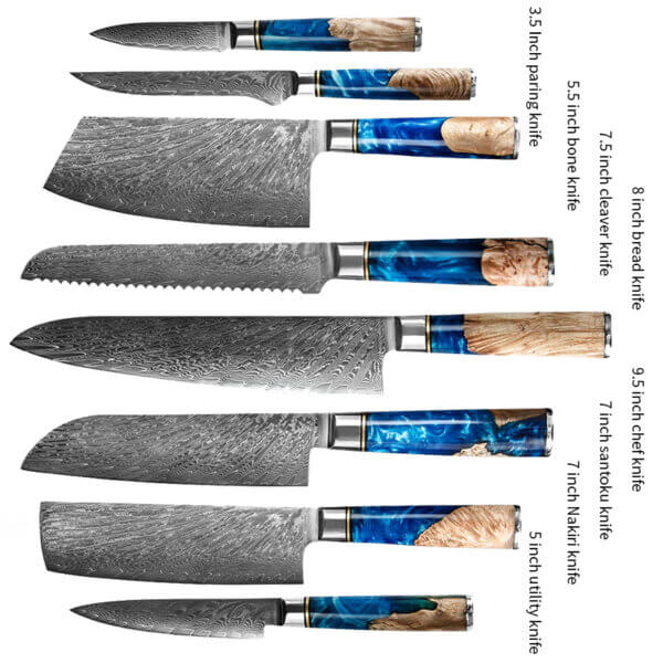 SXL-11, Damascus Knife Japanese VG10 Core Steel with 67-Layers High Carbon Professional Sharp Ergonomic Beautiful Blue Resin Handle Gift Boxed