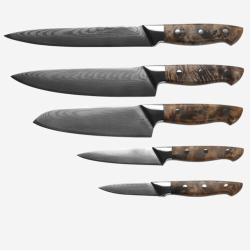 SXL-17 5PC Kitchen Knives Set-Durable, Vacuum Heat Treated Damascus Steel- High Carbon Japanese Steel-Slicer, Chef, Santoku, Utility and Paring Knife-Figured Sycamore Wood Handle