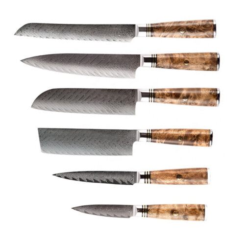 SXL-23 6 pcs AUS-10 Damascus Steel Sapele Wood Handle Arrow Pattern Damascus Knife 67 layers Chef Damascus Kitchen Knife Set