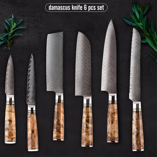 SXL-23 6 pcs AUS-10 Damascus Steel Sapele Wood Handle Arrow Pattern Damascus Knife 67 layers Chef Damascus Kitchen Knife Set