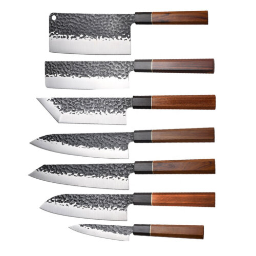 SXL-13 New arrival high carbon steel knife set with hammer design,Black bullhorn + red acid vulture handle, blade material stainless clad steel 3 layer