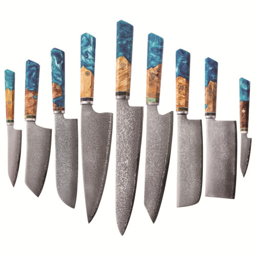 SXL-29 Premium Damascus Kitchen Knife Set with Stabilized Wood & Sapphire Blue Resin Handles