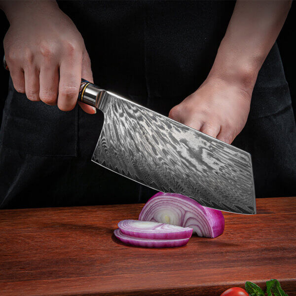 1 SXL-28 OEM Damascus Kitchen Knife Set with Stabilized Yellow Wood & Dark Green Resin Handle