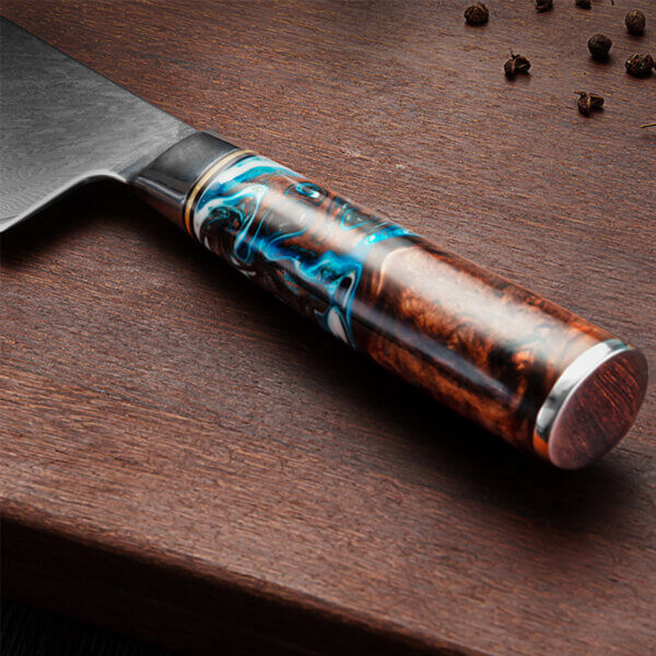 2 SXL-28 OEM Damascus Kitchen Knife Set with Stabilized Yellow Wood & Dark Green Resin Handle