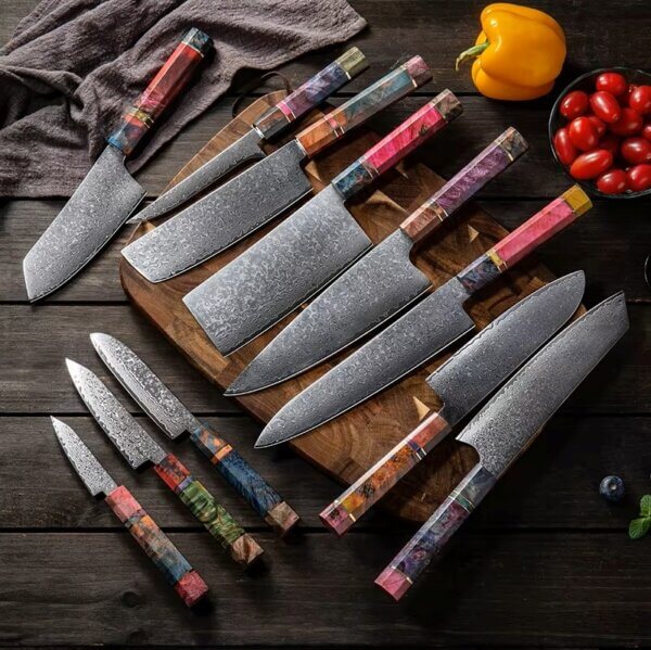 SXL-31 Premium Damascus Kitchen Knife Set with Multicolor Stabilized Wood Handles