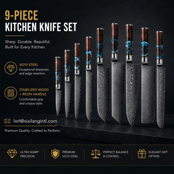 617d1890-e9a6-4832-8eb6-c78c0aab72f3 SXL-28 OEM Damascus Kitchen Knife Set with Stabilized Yellow Wood & Dark Green Resin Handle