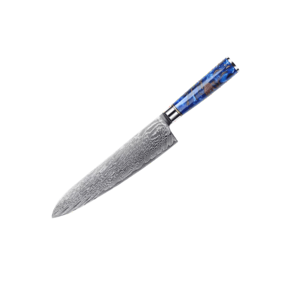 9.5in chefs SXL-32 Premium Damascus Kitchen Knife Set with Stabilized Wood & Sky Blue Resin Handles