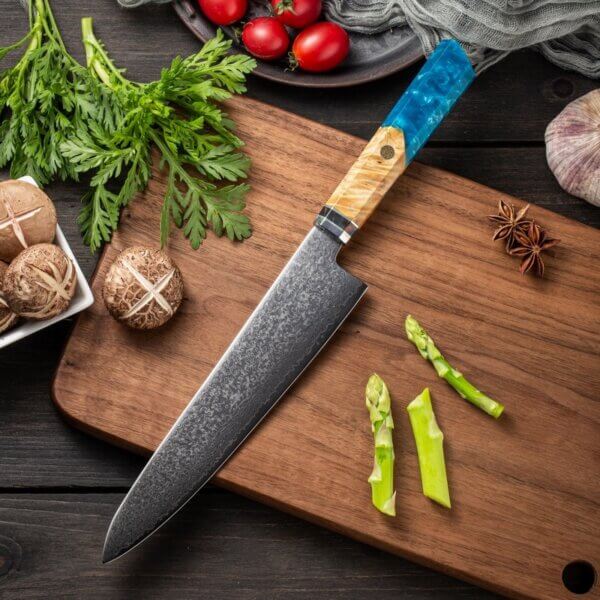 H57fea3c4c12f40aeb44eac512ce77fec1 SXL-29 Premium Damascus Kitchen Knife Set with Stabilized Wood & Sapphire Blue Resin Handles