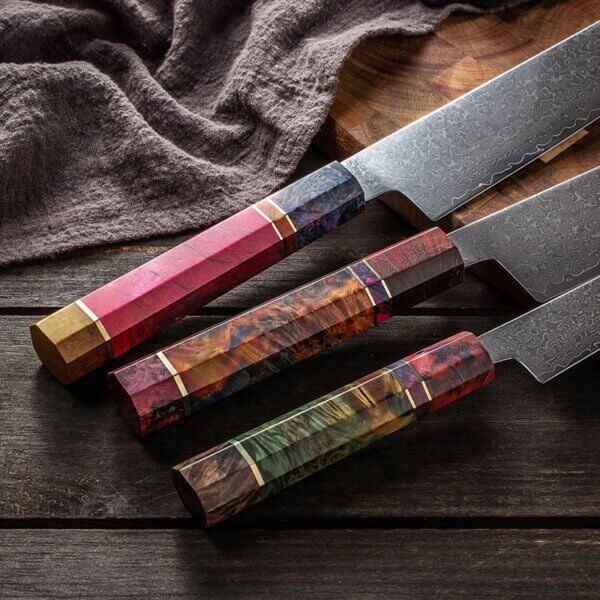 SXL-31 Premium Damascus Kitchen Knife Set with Multicolor Stabilized Wood Handles