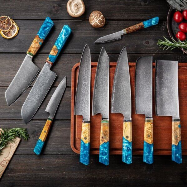 H6b6bd85f737144d0bc01a0416a089f09y SXL-29 Premium Damascus Kitchen Knife Set with Stabilized Wood & Sapphire Blue Resin Handles
