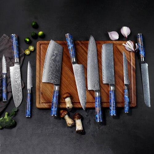 SXL-32 Premium Damascus Kitchen Knife Set with Stabilized Wood & Sky Blue Resin Handles