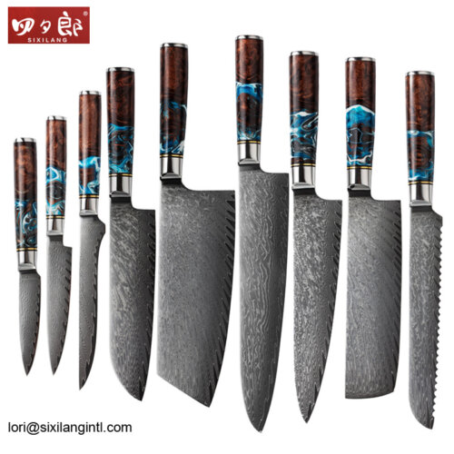 SXL-28 OEM Damascus Kitchen Knife Set with Stabilized Yellow Wood & Dark Green Resin Handle